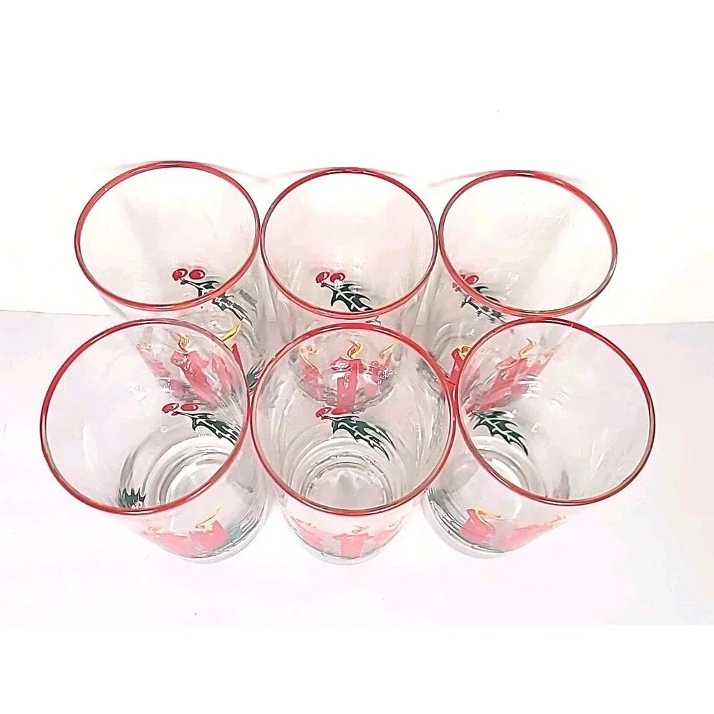 Vtg Christmas Federal Glass 6 Pc Tumblers Red Candles Holly Berry Red Green